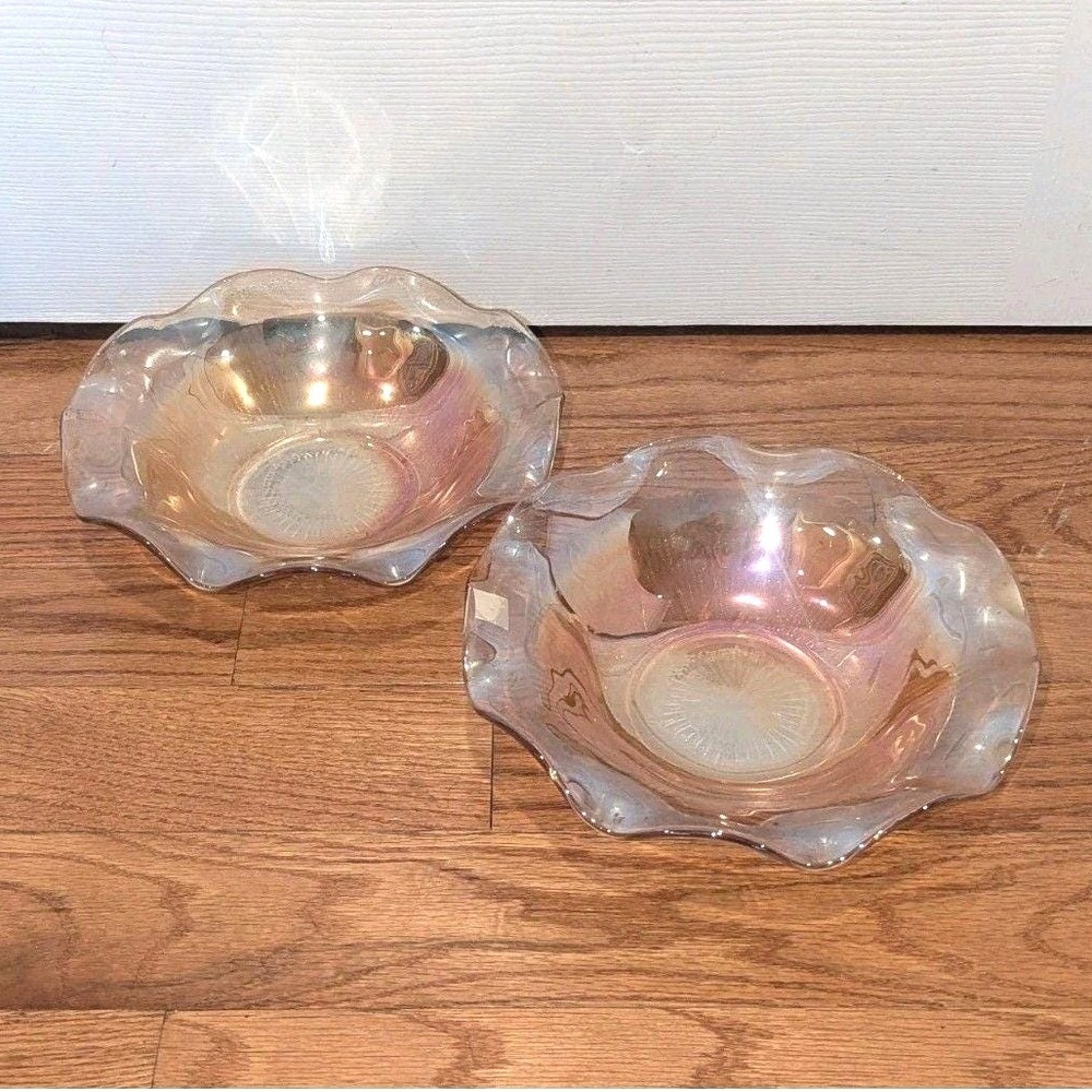 Vintage Carnival Glass Marigold Iris Herringbone 9.5" Decorative Bowls Set of 2